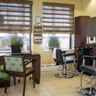 A cozy hair salon interior featuring chairs, mirrors, and potted plants by the windows.