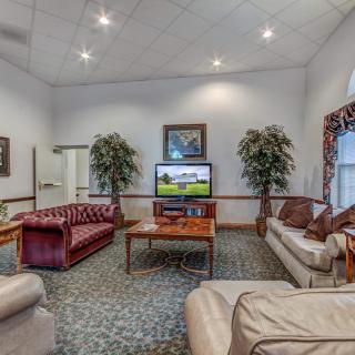 Cozy living room with sofas, a television, and decorative plants.