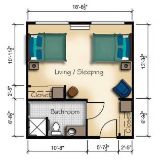 A compact floor plan showing a living and sleeping area with a bathroom.