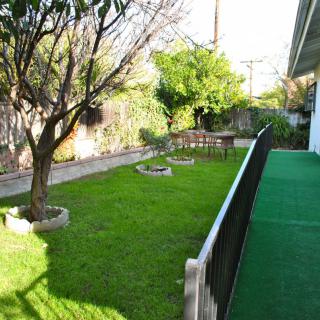 A well-maintained garden with a lush green lawn and trees.