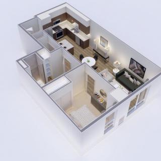 3D floor plan of a modern apartment layout showcasing kitchen, living area, and bedroom.
