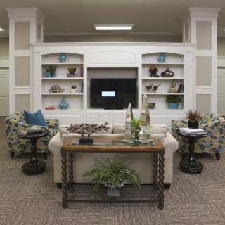 A cozy living room with elegant decor, featuring built-in shelves, a television, and comfortable seating.