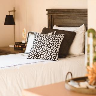 A cozy and stylish bedroom setup featuring patterned pillows and elegant furnishings.