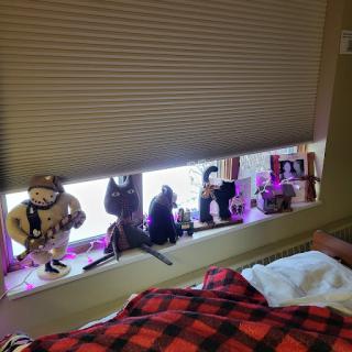 A cozy bedroom window showcasing festive decorations and figurines, illuminated by soft lighting.