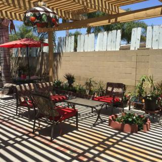 A sunny patio with furniture and plants, featuring a large umbrella casting shadows.