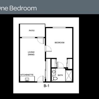 One bedroom apartment floor plan with living room, kitchen, and bathroom.