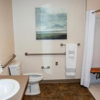 An accessible bathroom featuring grab bars, a toilet, sink, towel rack, and shower area with a curtain.