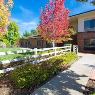 A picturesque autumn scene featuring a charming house surrounded by colorful trees and a white fence.