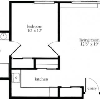 A floor plan of a one-bedroom apartment featuring a kitchen, living room, and bathroom.