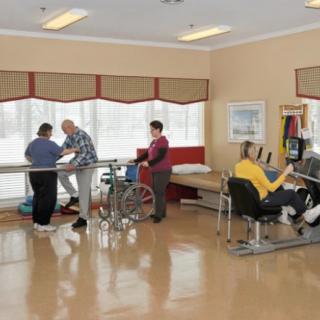 A rehabilitation center where patients are engaged in physical therapy exercises with therapists.