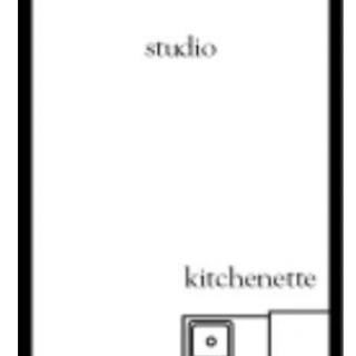 A simple floor plan of a studio apartment with a kitchenette.