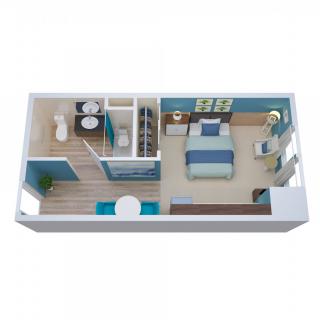3D rendering of a one-bedroom apartment layout with bathroom and living area.