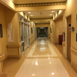 A well-lit corridor in a hospital, featuring smooth flooring and a warm color palette.