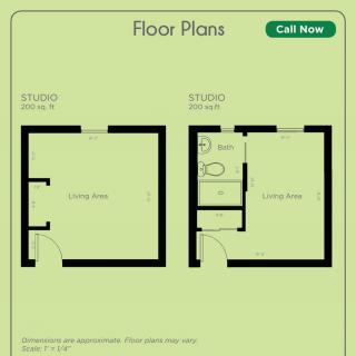 Two floor plan designs for studio apartments with different layouts.