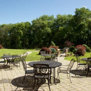 A sunny patio with metal tables and chairs overlooking a lush garden.