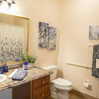 A well-decorated bathroom featuring a sink with a granite countertop, a toilet, and wall art.