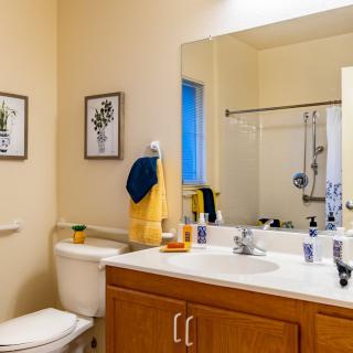 A well-organized bathroom with a sink, mirror, and shower.