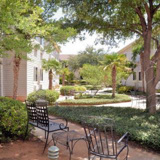 A serene courtyard garden with trees, bushes, and outdoor seating.