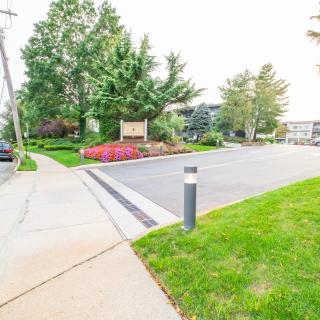 A suburban street view with a sidewalk, landscaped area, and trees.