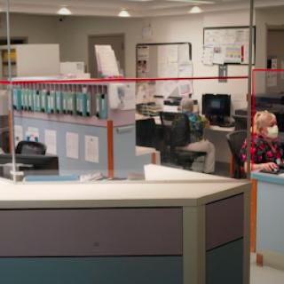 A reception area in an office, featuring a staff member at the front desk and employees working at their computers.