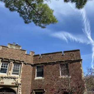 A historic brick building stands under a bright blue sky with wispy clouds and a tree branch in the foreground.