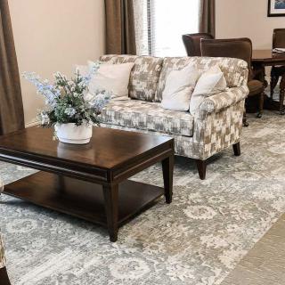 A cozy living room featuring a patterned sofa, wooden coffee table with a potted plant, and a decorative rug.