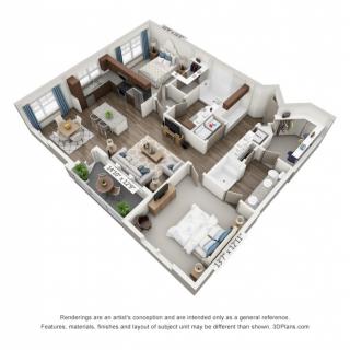 A 3D rendering of a modern apartment floor plan featuring a living room, kitchen, two bedrooms, and bathrooms.