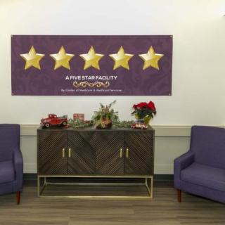 A reception area featuring a purple banner with five stars, flanked by two chairs and decorated with plants on a cabinet.