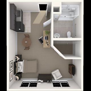 A top-down view of a compact one-bedroom apartment floor plan featuring distinct living, sleeping, and kitchen areas along with a bathroom.