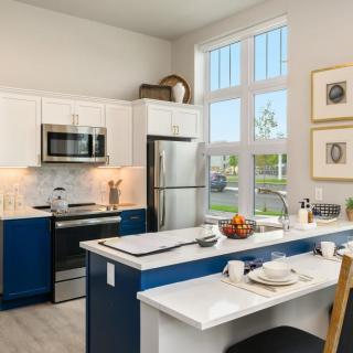 A modern kitchen interior featuring an island counter, stainless steel appliances, and ample natural light.