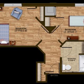 A floor plan of an apartment featuring two bedrooms, a bathroom, and a living room.