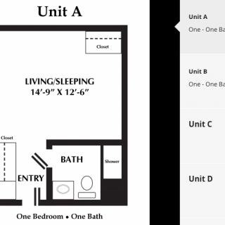 Floor plan for a one-bedroom apartment, labeled Unit A, showing the layout of living/sleeping area, bathroom, and entry.