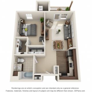 A 3D floor plan of a one-bedroom apartment showing the layout of the kitchen, living room, bedroom, and bathroom.