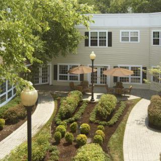 A well-maintained courtyard with pathways, surrounded by greenery and adjacent to a building.
