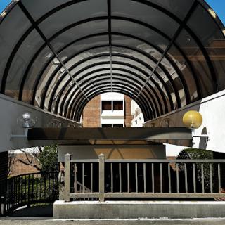 A modern urban walkway featuring a curved canopy and dynamic architectural design.