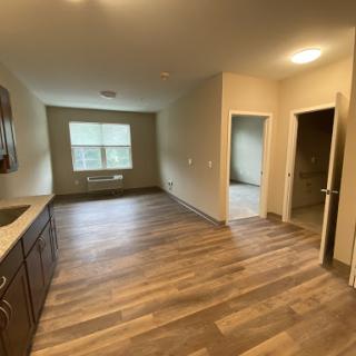 A spacious, well-lit living area featuring modern cabinetry and wooden flooring.