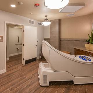A luxurious spa room featuring a modern bathtub and elegant decor.