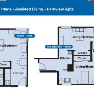 Floor plans for assisted living apartments, featuring a studio and a two-bedroom option.