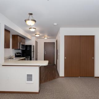A modern apartment interior featuring a kitchen with a countertop and wooden cabinets, opening into a carpeted living area.