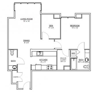 A detailed floor plan of an apartment showing the layout of rooms including a kitchen, living room, bedrooms, and bathrooms.