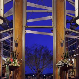 A modern architectural interior with large windows, illuminated by blue lighting and decorated with plants.