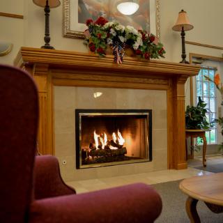 A cozy indoor setting with a warm fireplace and comfortable furniture.