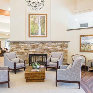 A modern and cozy living room featuring a fireplace, comfortable seating, and elegant decor.