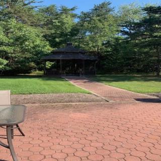 A peaceful garden setting with a gazebo and a paved pathway.