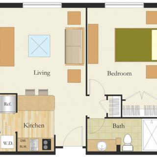 A simple one-bedroom apartment floor plan featuring a living room, kitchen, and bathroom.