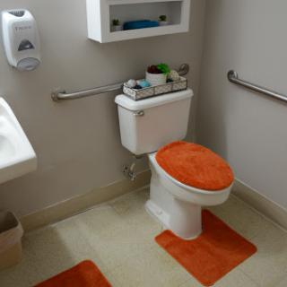 A neatly organized bathroom featuring an orange-themed toilet and floor mats.