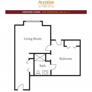 A floor plan layout for an assisted living apartment, featuring a living room, bedroom, and bathroom.