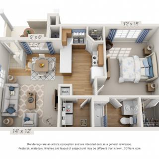 A detailed 3D floor plan of a one-bedroom apartment featuring a kitchen, living room, bathroom, and bedroom.