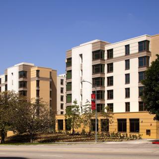 Modern apartment buildings in an urban setting.