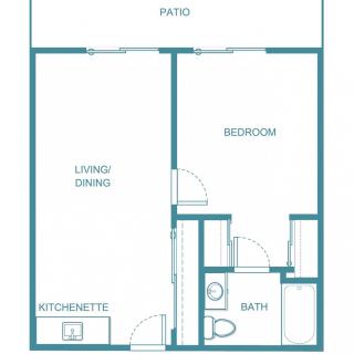 One-bedroom apartment floor plan with living/dining area, kitchenette, bathroom, and patio.